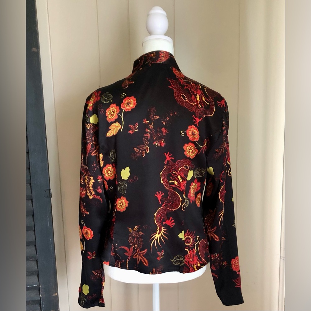 CLIO Vintage 80’s Black Orange Satin Dragon Print Top Blouse by Clio Size 8 - Picture 6 of 7